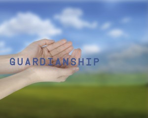 Female hands with word guardianship on blurred meadow